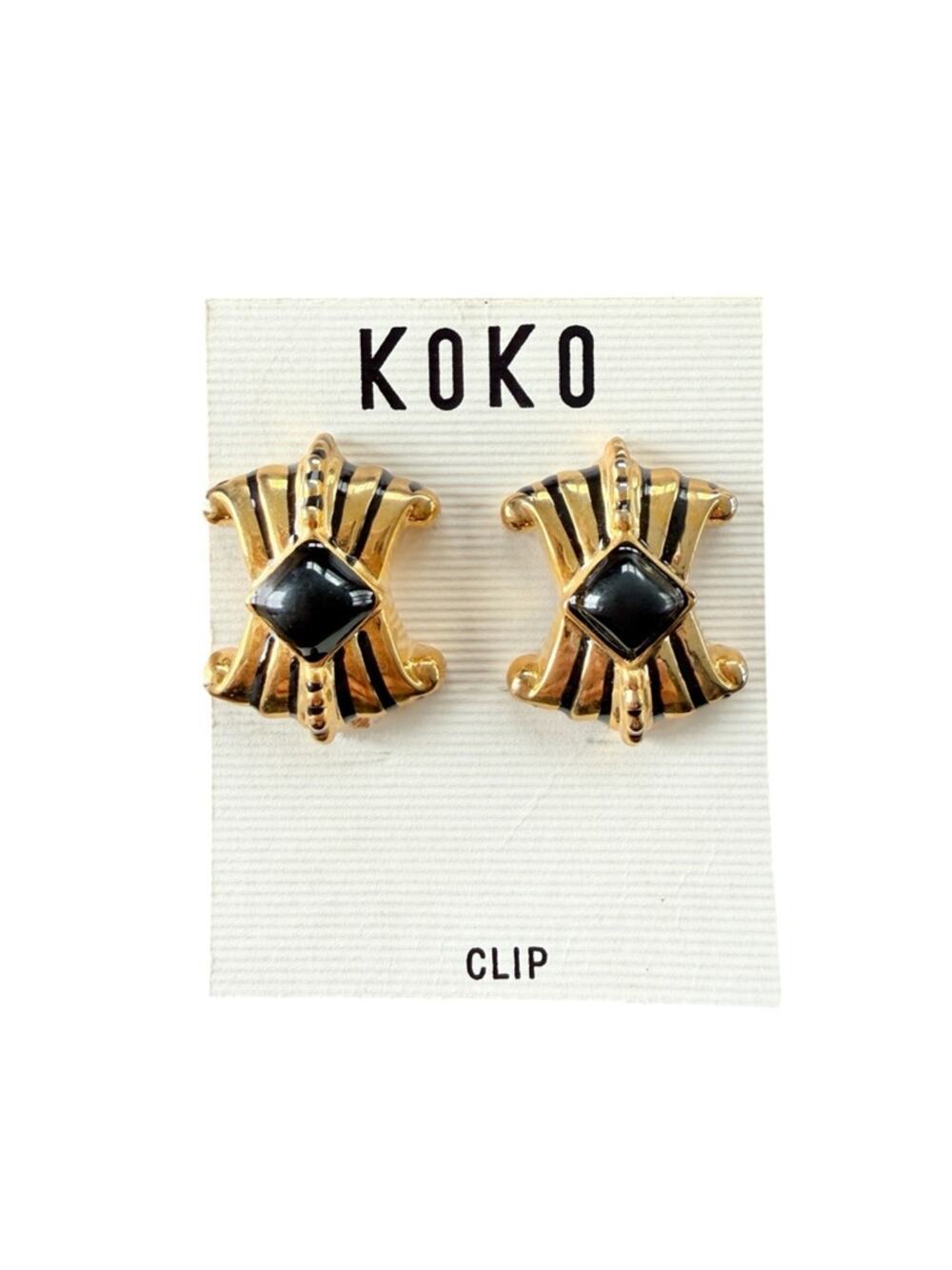 Vintage 90s Egyptian Revival Gold Tone Black Enamel Clip On Earrings NOS 1.25in